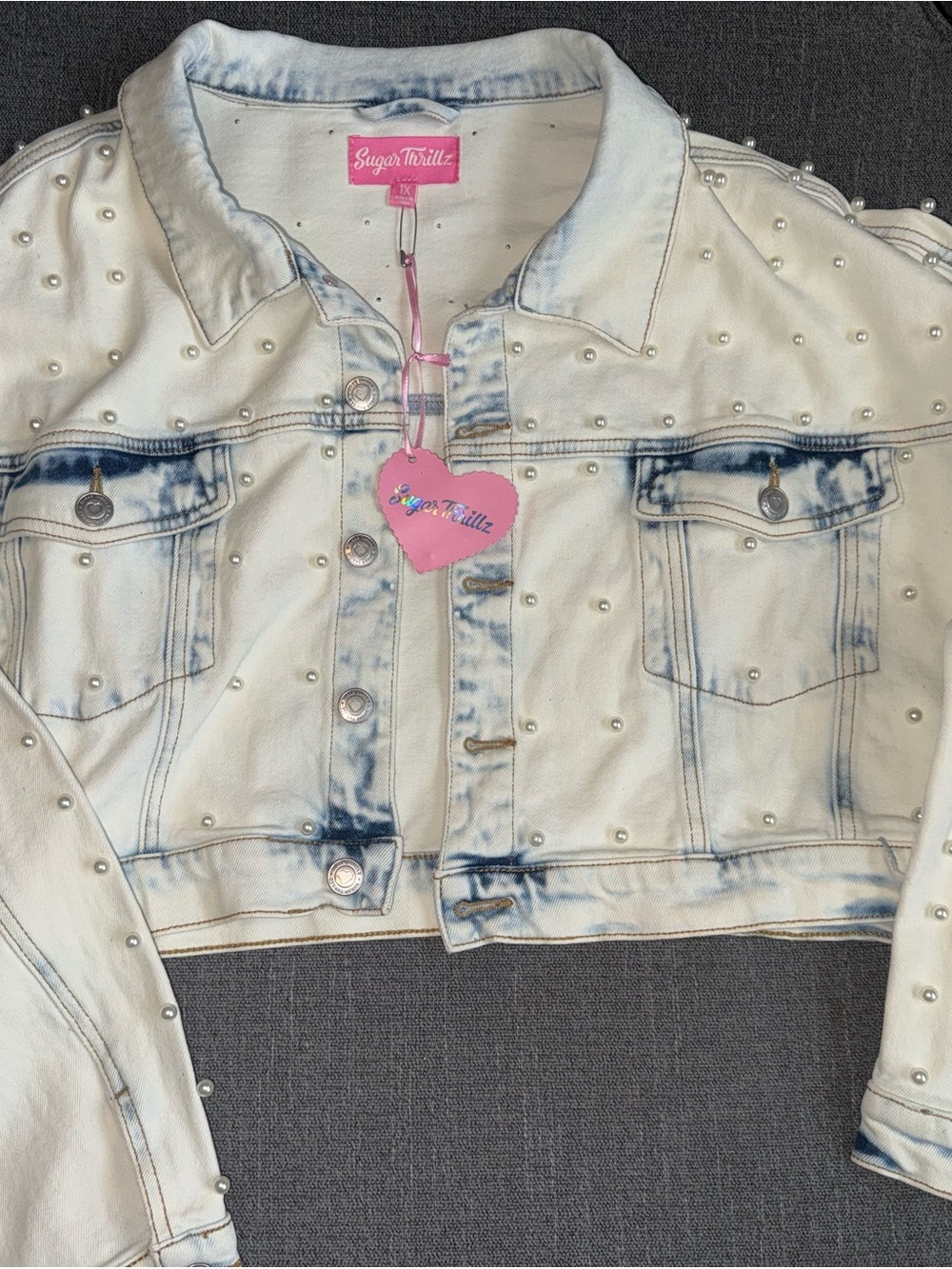 Sugar Thrillz White Acid-Wash Pearl-Studded Cropped Denim Jacket